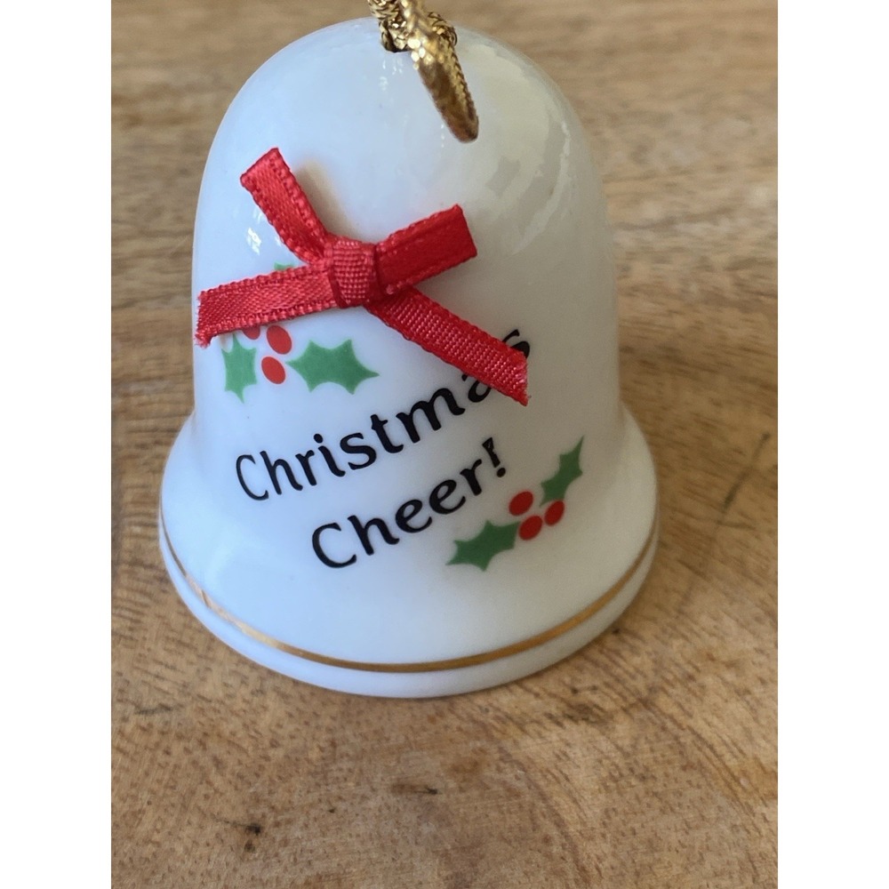 VTG JSNY Christmas Cheer Miniature Porcelain Bell Ornament Gold Cord